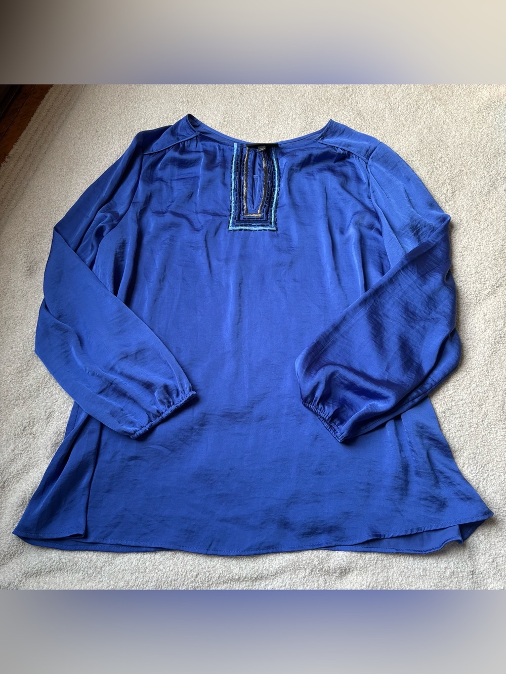 Lane Bryant Deep Blue Long-Sleeve Embroidered Placket Top